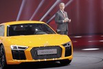 Audi chairman Rupert Stadler presents the new Audi R8 V10 plus during a preview show of Volkswagen Group