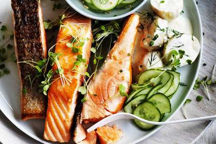 Salmon with cucumbers and Danish potato salad.