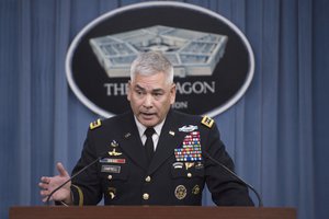 Army Gen. John F. Campbell, commander of U.S. forces in Afghanistan, conducts a press briefing at the Pentagon, Oct. 5, 2015.