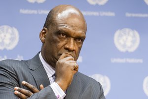 File - John Ashe, President of the sixty-eighth session of the General Assembly, briefs journalists on the Assembly’s high-level stock-taking event on the Post-2015 Development Agenda, taking place on 11-12 September, 10 September, 2014.