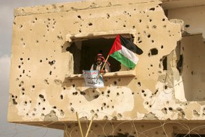 File - A Palestinian waves a Palestinian flag from a building damaged during Israeli military action, Southern Gaza Strip.