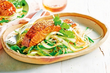 Teriyake grilled salmon on soba noodle salad