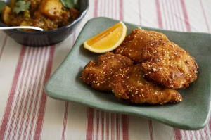 Frank Camorra's crumbed and fried buttermilk chicken recipe from Spectrum October 10 2015. Photo by Marcel Aucar. Panch-phoran potatoes in background.