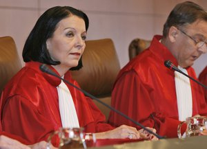 In this Nov. 21, 2007 judges Christine Hohmann-Dennhardt and Hans-Juergen Papier sit in the Constitutional court in Karlsruhe, southern Germany. Volkswagen said Oct. 16, 2015 that Hohmann-Dennhardt who currently is board member for Integrity and Legal Affairs of the Daimler AG will become board member for compliance of the Volkswagen AG on Jan. 1, 2016. (AP Photo/Winfried Rothermel, file)