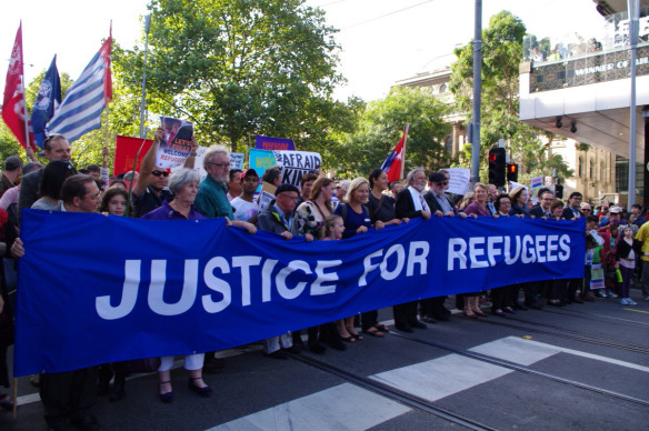 Banner at head of march - Jusitice for Refugees