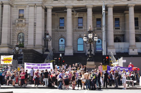 Pro-choice supporters on steps of Parliament House