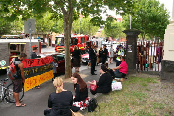 Confronting the party-goers evacuated from the building