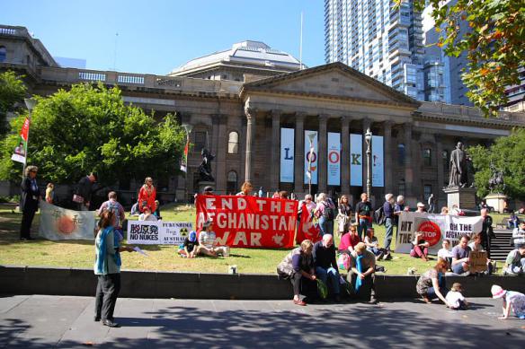 Peace banners on lawns of State Library