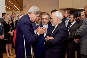 File - U.S. Secretary of State John Kerry speaks with Hossein Fereydoun, the brother of Iranian President Hassan Rouhani, and Iranian Foreign Minister Javad Zarif, before the Secretary and Foreign Minister addressed an international press corps gathered at the Austria Center in Vienna, Austria, on July 14, 2015, after the European Union, United States, and the rest of its P5+1 partners reached agreement on a plan to prevent Iran from obtaining a nuclear weapon in exchange for sanctions relief.