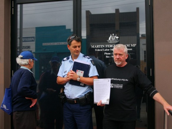 Elderly gentleman, Dave Sweeney and police officer waiting outside