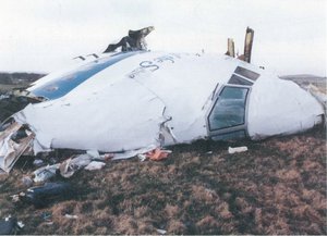 File - Wreckage of Pan Am Flight 103, 21 December, 1988.  Flight 103 was destroyed by a terrorist bomb, killing all 243 passengers and 16 crew on board. Debris from the explosion fell on Lockerbie, Scotland, killing 11 more people.