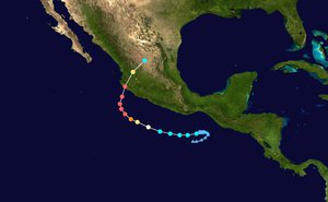 Track map of Tropical Storm Patricia of the 2015 Pacific hurricane season. The points show the location of the storm at 6-hour intervals. The colour represents the storm's maximum sustained wind speeds as classified in the Saffir–Simpson hurricane wind scale (see below), and the shape of the data points represent the nature of the storm, according to the legend below.