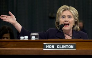 Democratic presidential candidate former Secretary of State Hillary Rodham Clinton testifies on Capitol Hill in Washington, Thursday, Oct. 22, 2015, before the House Select Committee on Benghazi.