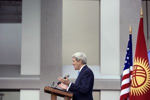 US Secretary of State John Kerry speaks during a ribbon cutting ceremony at the US Embassy on Saturday Oct. 31, 2015 in Bishkek.