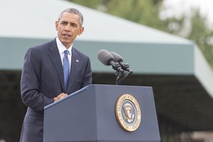 File - President Barack Obama delivers remarks during the change of responsibility and retirement ceremony on Joint Base Myer-Henderson Hall in Arlington, Va., Sept. 25, 2015.