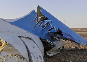 This photo released by the Prime Minister's office shows the tail of a Metrojet plane that crashed in Hassana, Egypt on Saturday, Oct. 31, 2015.