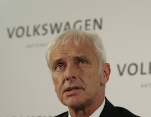 Newly appointed Volkswagen CEO Matthias Mueller during a press statement after a meeting of Volkswagen's supervisory board in Wolfsburg, Germany, Friday, Sept. 25, 2015, after CEO Martin Winterkorn resigned on Wednesday amid an emissions scandal.