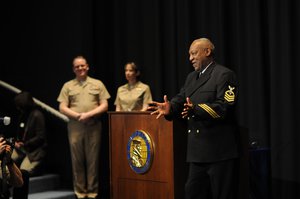 Honorary Chief Hospital Corpsman Bill Cosby delivers remarks during his pinning ceremony at the U.S. Navy Memorial in Washington, D.C.