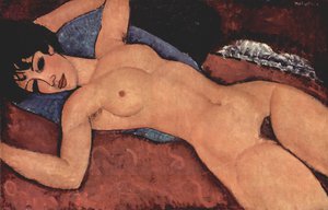 Painting by Italian artist Amedeo Modigliani of a Reclining Nude, 1917.