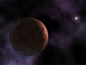 An artist's concept of the newly discovered planet-like object, dubbed "Sedna." The Sun appears as an extremely bright star instead of a large, warm disc observed from Earth. In the distance is a hypothetical small moon, which scientists believe may be orbiting this distant body.