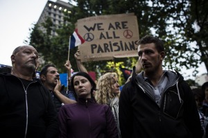 SYDNEY, AUSTRALIA - NOVEMBER 14:  Local French and Australians at a vigil for the victims of the Paris terror incident in Martin Place on November 14, 2015 in Sydney, Australia.  (Photo by Dominic Lorrimer/Fairfax Media)