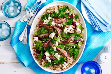 Spiced beef with quinoa and lentil salad