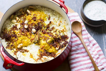 Chicken biryani with almonds, saffron and rosewater.