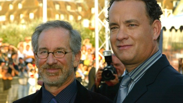 DEAUVILLE, FRANCE - SEPTEMBER 4:  (L-R) Director Steven Spielberg and actor Tom Hanks attends the "The Terminal" premiere at the 30th Deauville American Film Festival on September 4, 2004 in Deauville, France.  (Photo by Gareth Cattermole/Getty Images)