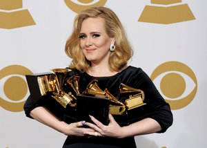 Adele poses backstage with her six awards at the 54th annual Grammy Awards on Sunday, Feb. 12, 2012 in Los Angeles. Adele won awards for best pop solo performance for "Someone Like You," song of the year, record of the year, and best short form music video for "Rolling in the Deep," and album of the year and best pop vocal album for "21." (AP Photo/Mark J. Terrill)