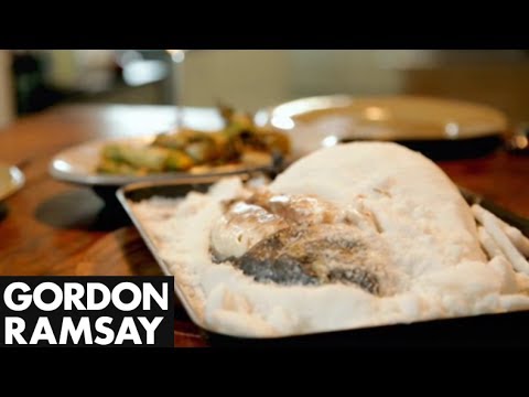 Salt-Crusted Sea Bream with Braised Leeks and Hazelnuts - Gordon Ramsay