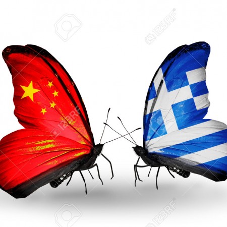 Two butterflies with flags on wings as symbol of relations China and Greece