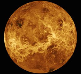 File - This global view of the surface of Venus is centered at 180 degrees east longitude. Magellan synthetic aperture radar mosaics from the first cycle of Magellan mapping are mapped onto a computer-simulated globe to create this image.