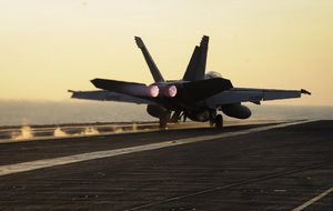 An F/A-18F Super Hornet assigned to the Red Rippers of Strike Fighter Squadron 11 launches from the flight deck of the aircraft carrier USS Theodore Roosevelt  supporting Operation Inherent Resolve, including strike operations in Iraq and Syria, 10 October, 2015.