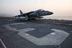 File - An AV-8B Harrier assigned to Marine Medium Tiltrotor Squadron 162, 26th MEU, launches from the amphibious assault ship USS Kearsarge to conduct their first missions over Iraq in support of Operation Inherent Resolve, 19 November, 2015.