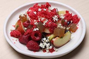 Summer stone fruit, elderflower cream and berry granita at Monster restaurant.