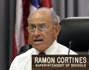 In this Aug. 25, 2009, file photo, Los Angeles Unified School District Superintendent Ramon Cortines is seen during a public meeting of the Board of Education.