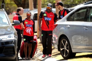 Melbourne Renegades international signing Chris Gayle poses for a photo at Junction Oval on Tuesday.