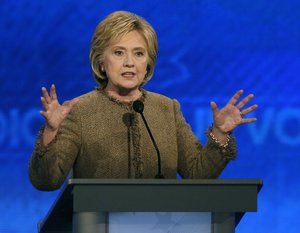 Hillary Clinton speaks during a Democratic presidential primary debate Saturday, Dec. 19, 2015, at Saint Anselm College in Manchester, N.H.