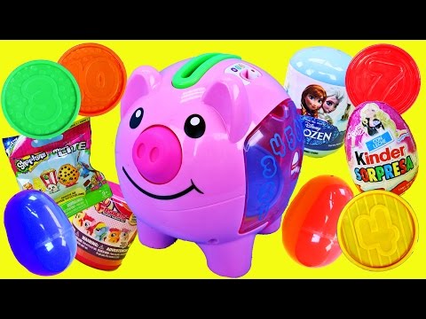 PIGGY BANK SURPRISE TOYS! Learn Numbers & Counting + Fashems, Surprise Eggs, Frozen, Barbie Toys