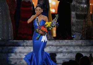 Miss Philippines Pia Alonzo Wurtzbach reacts as she was announced as the new Miss Universe at the Miss Universe pageant on Sunday, Dec. 20, 2015, in Las Vegas.