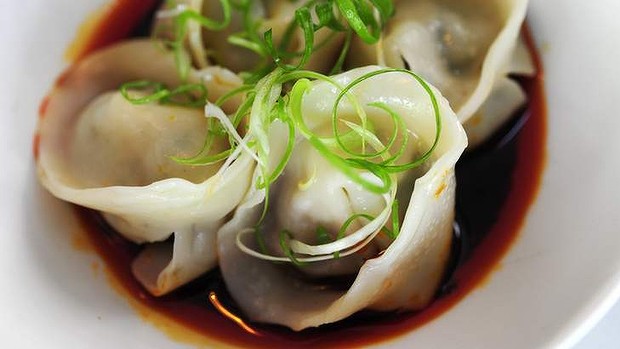 Prawn and pork dumplings with spicy soy vinaigrette.