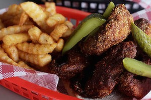 Fired chicken and chips at Belles Hot Chicken pop-up in Sydney.