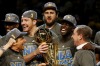 Andrew Bogut in the middle of the Golden State Warriors' NBA celebrations.