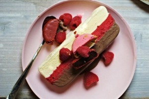 Chocolate, raspberry, vanilla coconut and macaron ice cream cake.