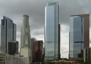 Downtown Los Angeles skyscrapers on a cloudy day.