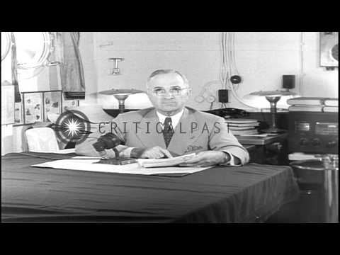 President Harry S. Truman reads prepared speech after dropping of atomic bomb on ...HD Stock Footage