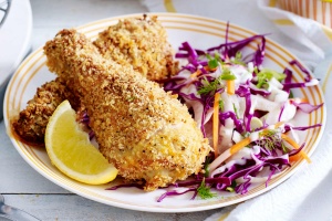 Crunchy buttermilk chicken drumsticks with fennel slaw