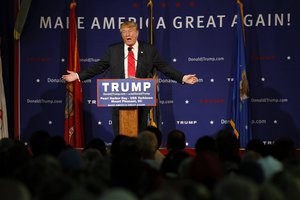 In this Dec. 7, 2015 file photo, Republican presidential candidate, businessman Donald Trump, speaks during a rally coinciding with Pearl Harbor Day at Patriots Point aboard the aircraft carrier USS Yorktown in Mt. Pleasant, S.C.