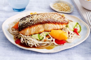 Teriyaki salmon on soba noodle salad