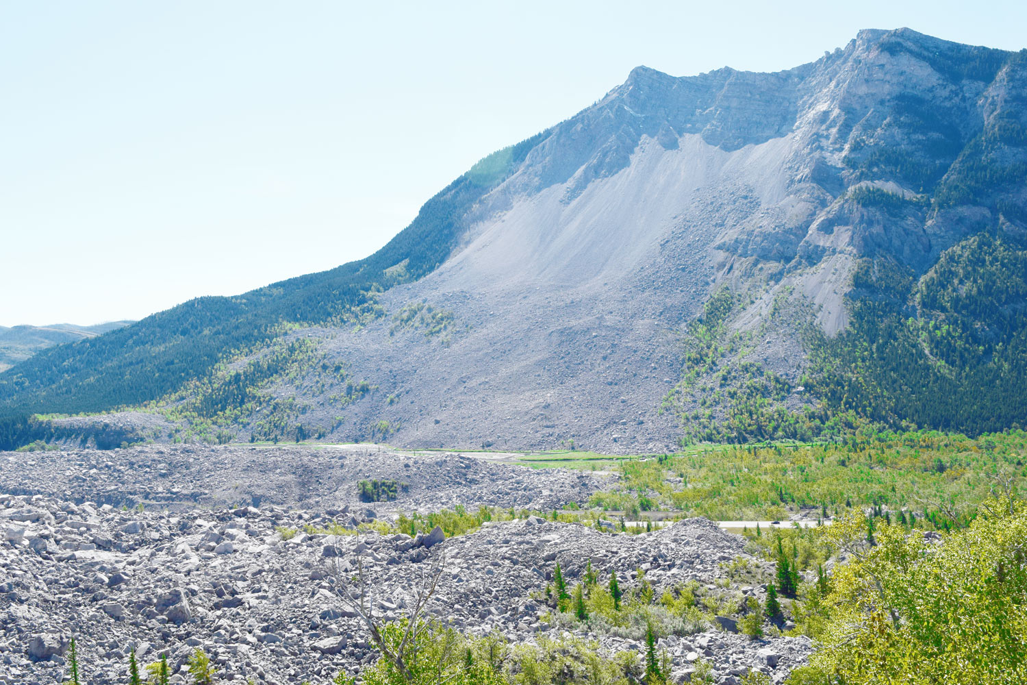 The Frank Slide, located east of the towns of Coleman and Blairmore, Alberta, in the Crowsnest Pass area. The slide occurred on 4/29/1903. when 82 million tons of limestone fell off Turtle Mountain, burying part of the town of Frank, Alberta.